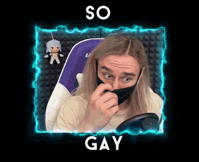 a picture of a man wearing a face mask with the words so gay below him