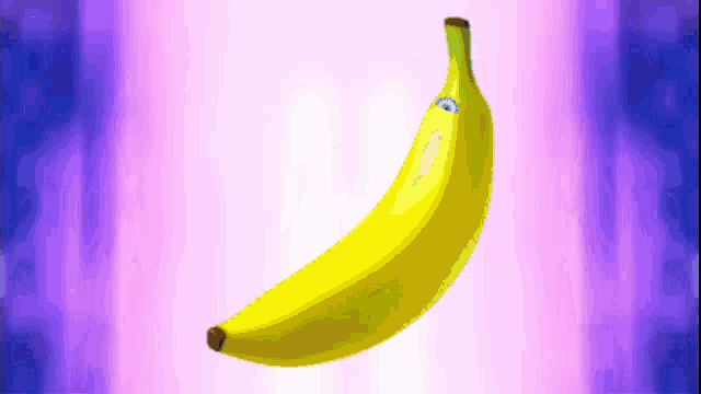 a yellow banana with a blue sticker on it is against a purple background