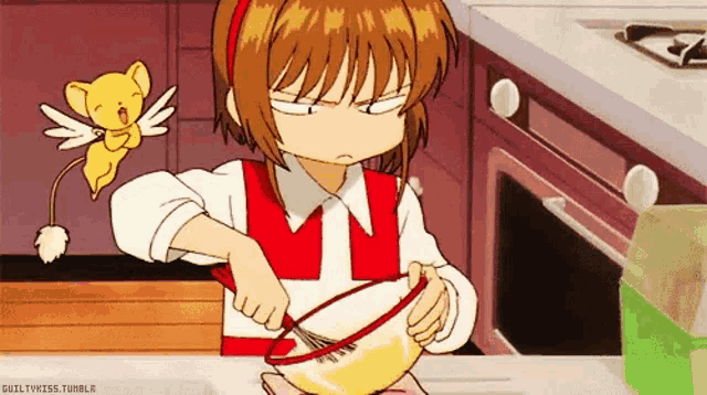 a girl is mixing something in a bowl in a kitchen while a cartoon character is flying in the background .