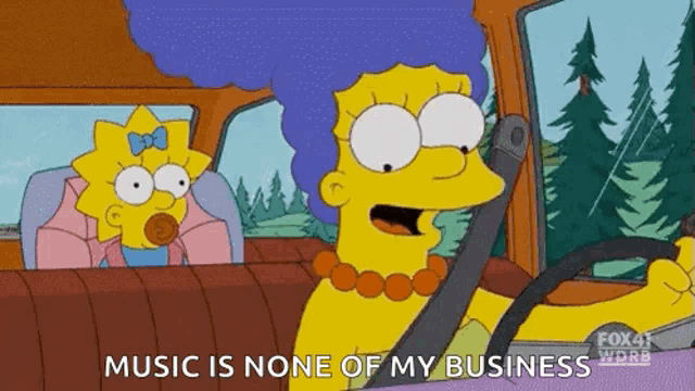 marge simpson is driving a car with a baby in the back seat .