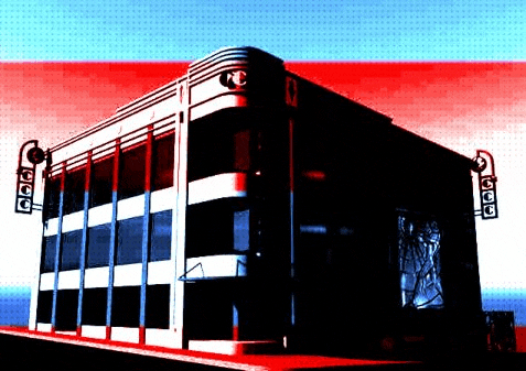 a red white and blue building with a sign that says abc on it