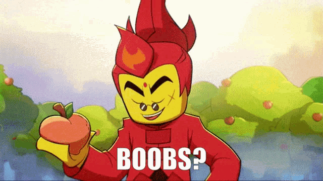 a cartoon character holding an apple with the words boobs written on the bottom