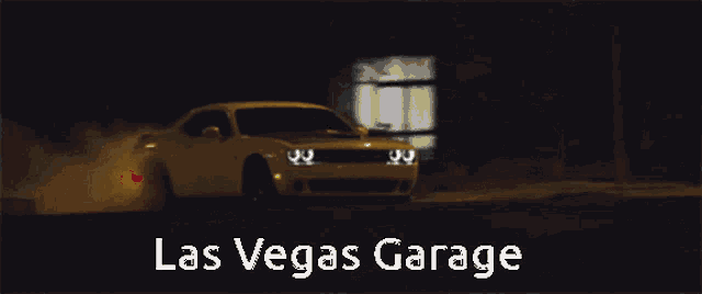 a yellow dodge challenger is driving through a garage with the words las vegas garage above it