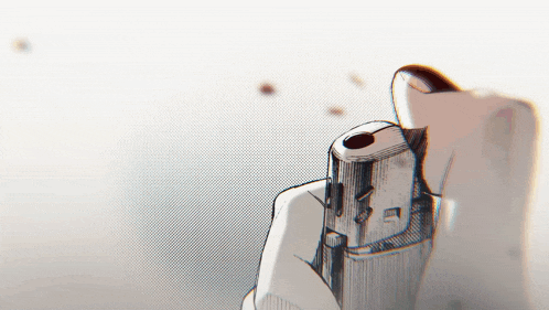 a drawing of a person holding a lighter with the letter e on the front