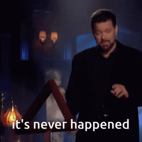 Clip from Beyond Belief, host Jonathan Frakes gestures mysteriously over the caption &quot;It never happened.&quot;