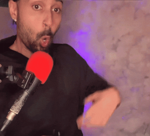 a man with a beard holds a microphone with a red sponge on it