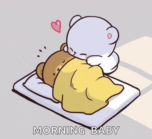 a cartoon of two teddy bears laying on a bed with the words morning baby written below them