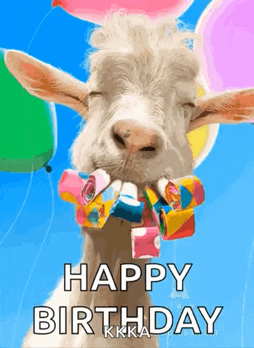 a goat is holding balloons in its mouth and says happy birthday