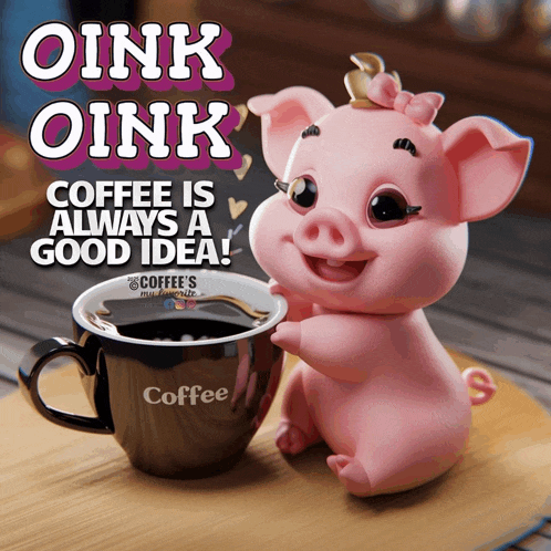 a cartoon pig is holding a cup of coffee