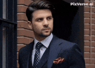 a man in a suit and tie is standing in front of a brick wall with pixverse.ai written on the bottom