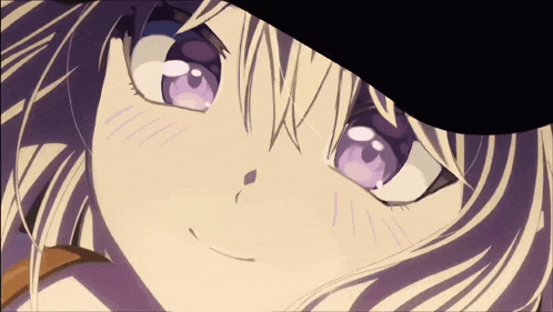 a close up of a girl with purple eyes wearing a black hat