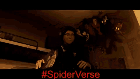 a poster for #spiderverse shows a group of people in superhero costumes