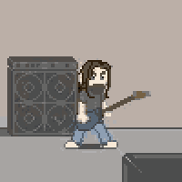 a pixel art illustration of a man playing a guitar in front of a speaker .