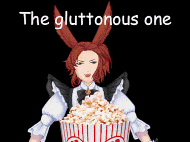a girl with bunny ears is holding a bucket of popcorn with the words the gluttonous one below her