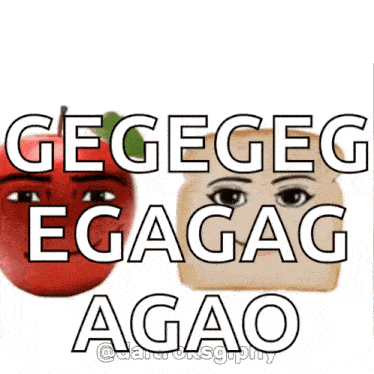a picture of an apple and a piece of bread with the words " gegegeg egagag agao " on it