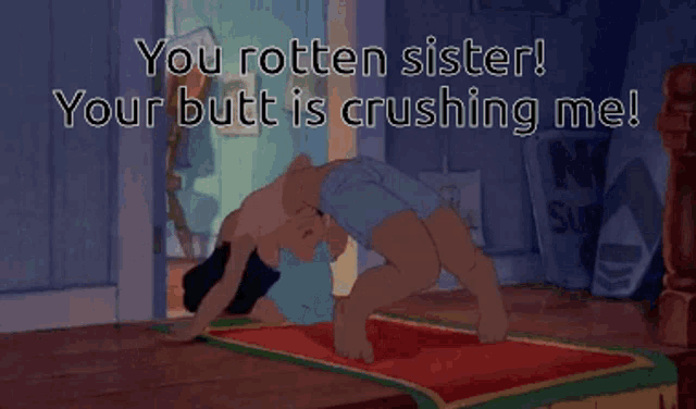 a cartoon of a man and woman laying on a rug with the words " you rotten sister "