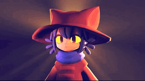 a cartoon character is wearing a red hat and a purple scarf