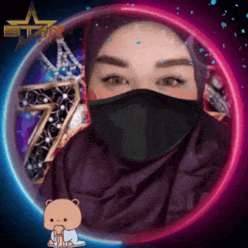 a woman wearing a hijab and a mask is surrounded by a glowing circle