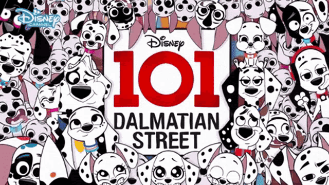 a poster for 101 dalmatian street shows a bunch of dalmatians