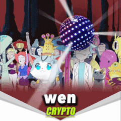 a group of cartoon characters are standing in front of a disco ball and the words wen crypto on the bottom