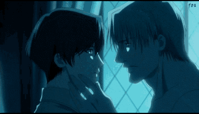 a drawing of a man kissing another man in front of a window with the letters r on the bottom right
