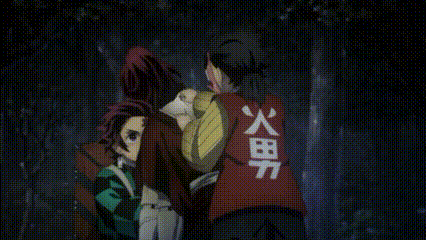 a group of anime characters are standing next to each other in the woods .