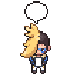 a pixel art drawing of a man with a speech bubble with an x on it