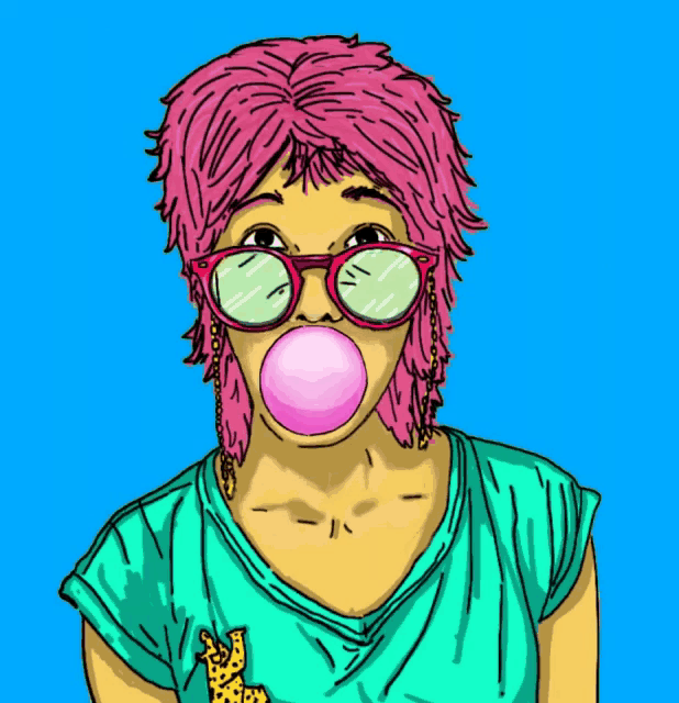a woman with pink hair blowing a pink bubble with a blue background