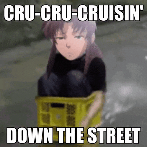 a girl is sitting in a yellow crate with the words cru cru cruisin down the street below her