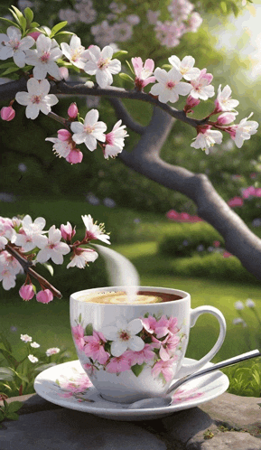 a cup of coffee on a saucer under a tree with pink and white flowers