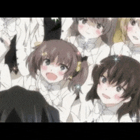 a group of anime girls are standing next to each other and smiling at the camera .