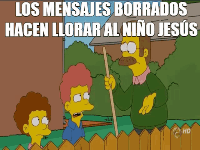 a cartoon of a man holding a stick with the words los mensajes borrados hacen llorar al niño jesus above him