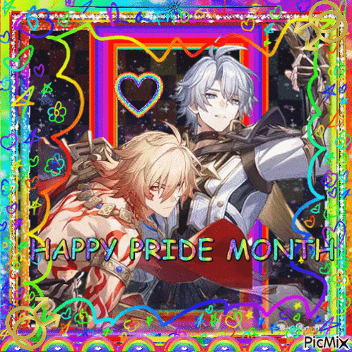 a picture of two anime characters with the words happy pride month on the bottom