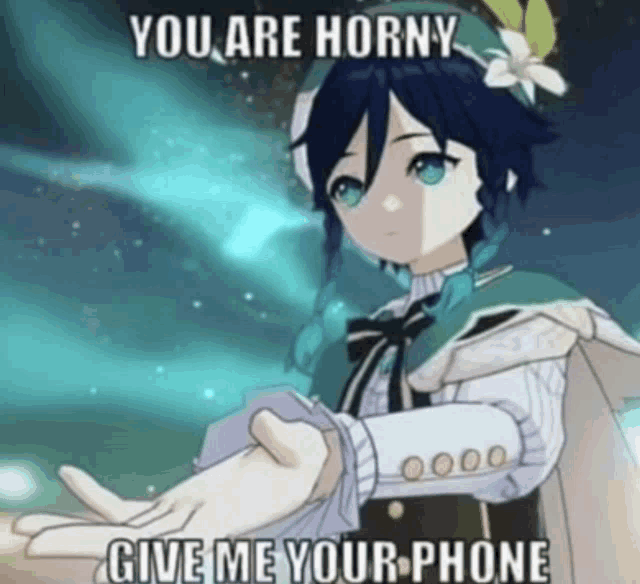 a cartoon character is holding another person 's hand and says `` you are horny give me your phone ''
