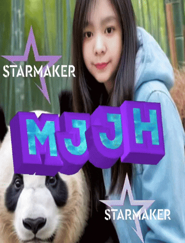 a girl standing next to a stuffed panda bear with a purple starmaker logo