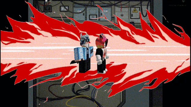 a cartoon of two people standing in front of a large red flame