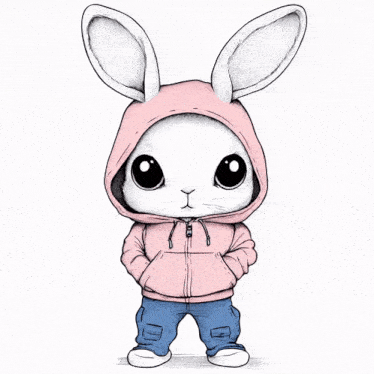 a cartoon bunny wearing a pink hoodie and blue jeans