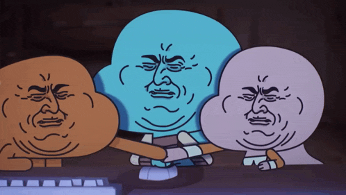 three cartoon characters are hugging each other with different faces drawn on them