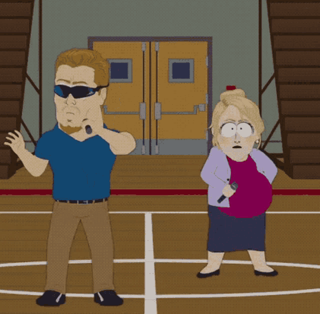 a cartoon of a man and a woman standing on a court