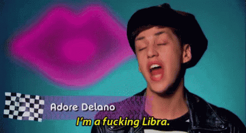 adore delano says i 'm a fucking libra in front of a pink heart .