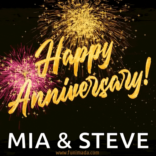 mia and steve are celebrating their anniversary with fireworks behind them