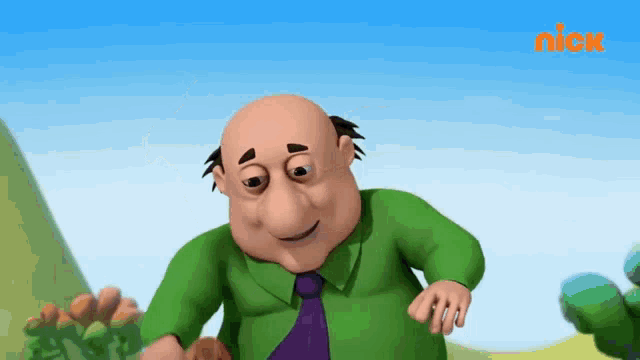 a cartoon man in a green shirt and purple tie is standing in a field .