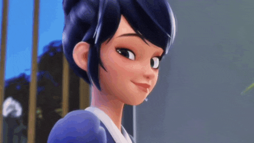 a close up of a cartoon girl with blue hair and a blue dress looking at the camera .