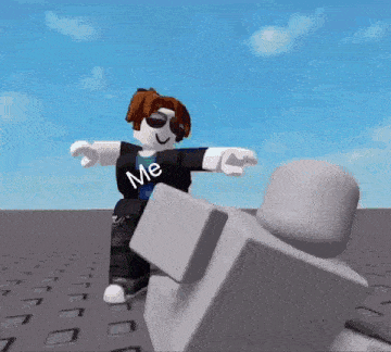 a roblox character is pointing at another roblox character with the word me on his shirt