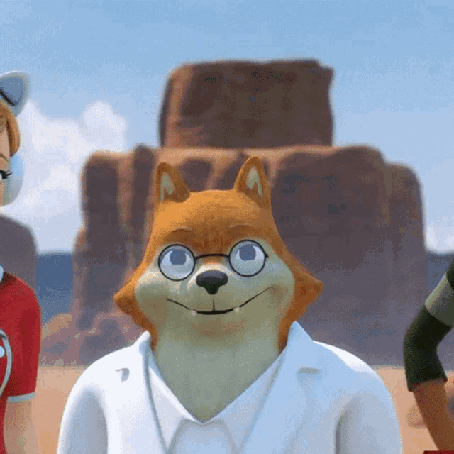 a cartoon dog wearing glasses and a lab coat smiles for the camera