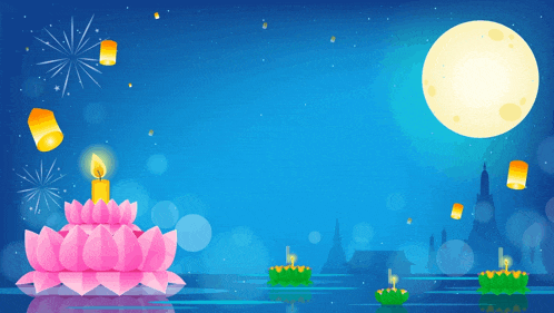a pink lotus flower with a candle in it is floating in the water