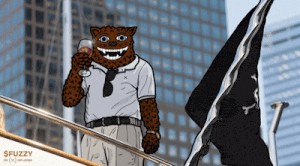 a cartoon of a leopard holding a wine glass and a black flag