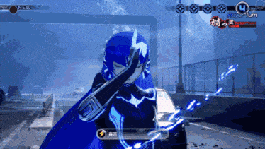 a screenshot of a video game showing a character with a blue cape