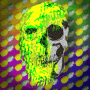 a skull is surrounded by pineapples on a rainbow background