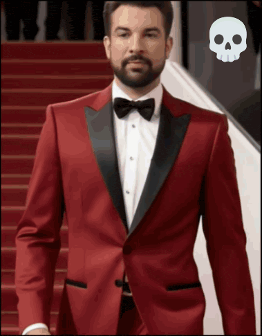 a man in a red tuxedo and bow tie is walking down stairs